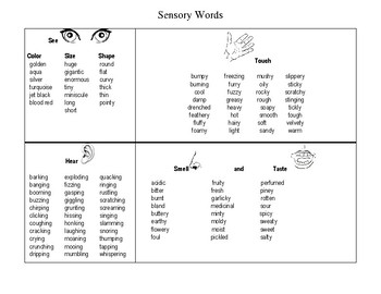 sensory words list by danielle lemone bulmer teachers pay teachers