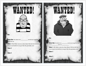 Preview of Sentence Bad Guys Writing Wanted Posters and Clues Printable