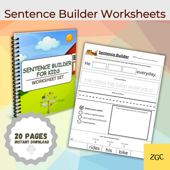 Preview of Sentence Builder Worksheets, Grammar Activities, Early Learner, INSTANT DOWNLOAD