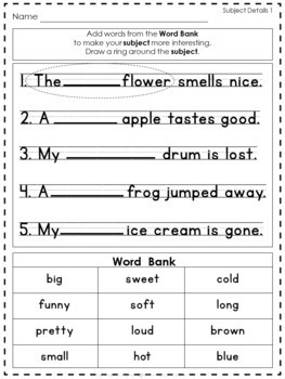 Sentence Building Subject Predicate Worksheets Activities and Anchor ...