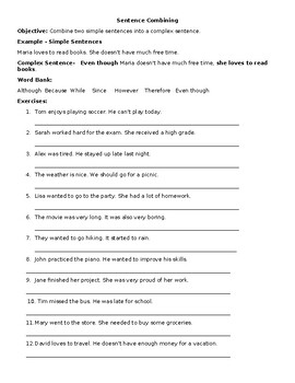 Sentence Combining Worksheet by Carla Cirelli | TPT