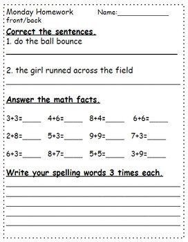 Preview of Sentence Correction, Math Fact, & Spelling Words Homework