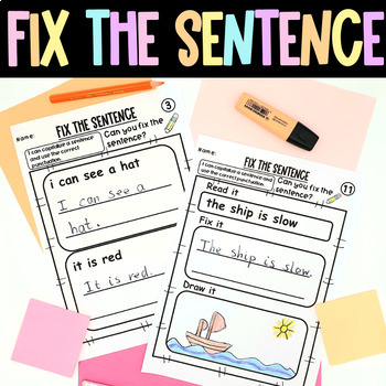Preview of Sentence Correction Worksheets Fix the Sentence Kindergarten 1st Grade