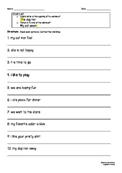 Sentence Corrections Capitals & Periods Only (Writing Conventions CCSS ...