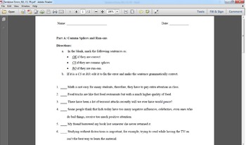 Preview of Sentence Errors Worksheet--comma splices, run-ons, & fragments