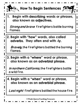 Sentence Fluency: How To Begin Sentences MINI POSTER/Grades 3-6 | TpT