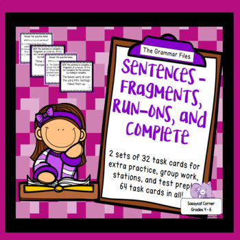 Preview of Sentence Fragments, Run-ons, and Complete sentences  - ELA Task Cards