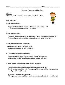 Preview of Sentence Fragments and Run-Ons Definitions and Examples for Elementary School