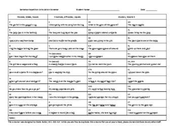 Sentence Repetition Articulation Screener By Claire Butler Tpt