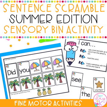 Preview of Summer Themed Sentence Scramble Sensory Bin | Fine Motor Writing Activity 