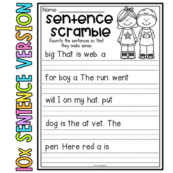 Sentence Scramble Worksheets - Kindergarten Literacy Centers by My ...