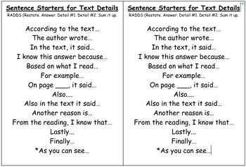 Preview of Sentence Starter Task Card for Text Details