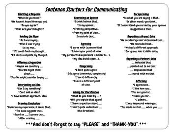 Sentence Starters for Communication Place mat by Jennifer jardine