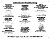 Sentence Starters for Communication Place mat