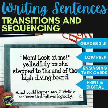 Preview of Sentence Writing - Sequencing Writing and Transition Words Task Cards
