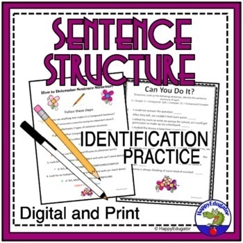 Preview of Sentence Structure Handout, Worksheet and Test with Easel Activity
