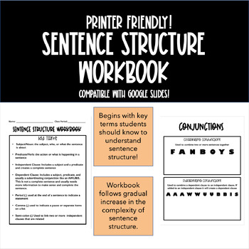 Preview of Sentence Structure Notes/Workbook (Printer Friendly & Google Slides Compatible)