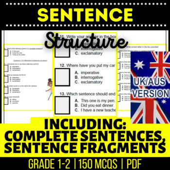 Preview of Sentence Structure Printables Fragments Types Subjects UK/AUS Spelling Year 2-3