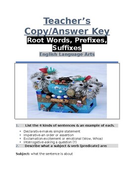 Preview of Sentence Structure Root Words, Prefixes, Suffixes~Etymology TEACHER'S ANSWER KEY