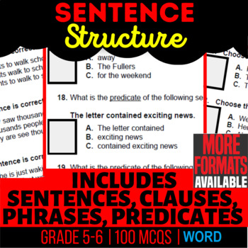 Preview of Sentence Structure Worksheets Sentence Types, Clauses, Phrases & Predicate Word