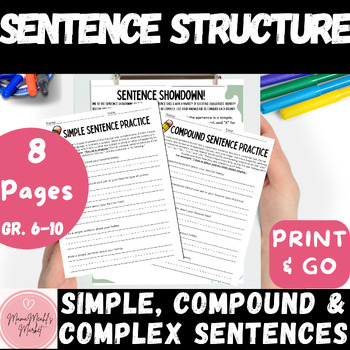 Preview of Sentence Structure Worksheets | Simple Compound Complex Sentences | Quiz