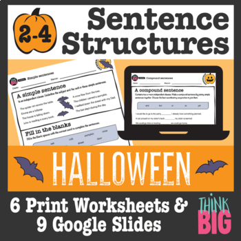 Preview of Sentence Structures Worksheets - Simple, Compound, Complex - Halloween Edition