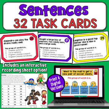 Preview of Sentence Task Cards: Complete, Run-on, Fragment for 3rd, 4th, and 5th Grades
