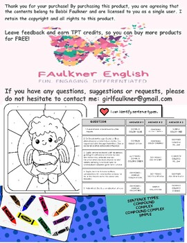 Preview of Sentence Types Color by Number VALENTINES FUN test prep compound complex