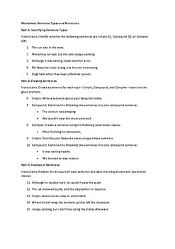 Preview of Sentence Types and Structures Worksheet