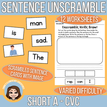 Preview of Sentence Unscramble | Short A CVC Words | Literacy Centres + Worksheets