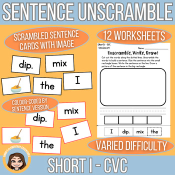 Preview of Sentence Unscramble | Short I CVC Words | Literacy Centres + Worksheets