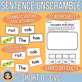 Preview of Sentence Unscramble | Short O CVC Words | Literacy Centres + Worksheets