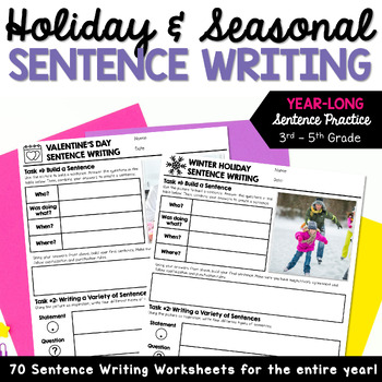 Preview of Sentence Writing Practice: Seasonal and Holiday Themed Worksheets