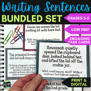 Preview of Sentence Writing Task Cards - Writing Sentences Activities - Print & Digital