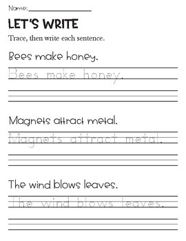 Sentence Writing and Tracing Handwriting Practice - Science Theme