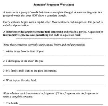 Preview of Sentence and Fragment Handout