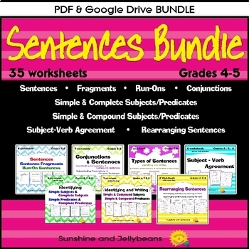 Preview of Sentences BUNDLE Grades 4-5 - 35 worksheets- Run-Ons Conjunctions etc PDF/Google