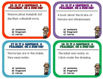 Sentences, Fragments and Run-Ons PowerPoint, Task Cards, Printables L.4.1.F