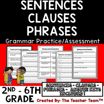 Preview of Sentences | Phrases | Clauses Grammar or Assessment Worksheets | Printable