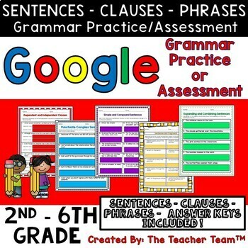 Preview of Sentences | Phrases | Clauses Practice or Assessment Worksheets | Google Slides