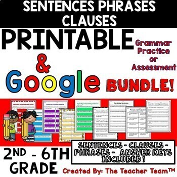 Preview of Sentences | Phrases | Clauses Worksheets | Printable and Google Slide Bundle