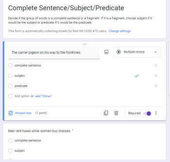 Preview of Sentences, Subjects, Predicates, and Run-Ons Warm Up Google Forms