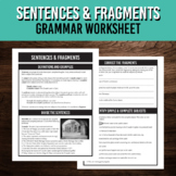 Sentences and Fragments Grammar Practice Worksheet for Mid