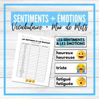 Preview of Sentiments et Émotions - Feelings - French Vocabulary Activity + Word Wall