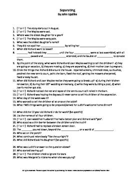 Preview of Separating by John Updike Guided Reading Worksheet Wordsearch Crossword Puzzles