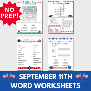 Preview of September 11 (Patriot Day) Printable Word Search Activities