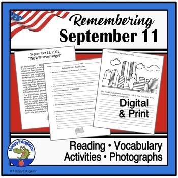 Preview of September 11 Reading Comprehension Passage and Easel Activity