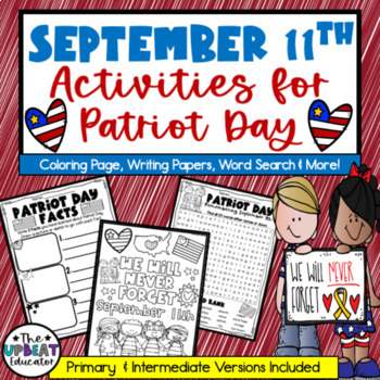 Preview of September 11th 'Patriot Day' (coloring page, writing paper & word search)