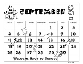 Preview of September 2016 Calendar and Back to School Coloring Page