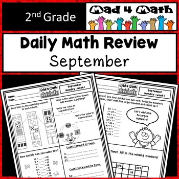 Preview of September 2nd Grade Math Spiral Review Morning Work | NO PREP Fall Worksheets